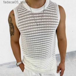 Men's Tank Tops Fashion Knit Tank Tops Men Streetwear Summer Leisure Hollow Out Knitting Camisole Sleeveless Crew Neck Solid Mens Vest Vintage Q240221