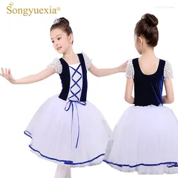 Stage Wear 2024 Romantic Tutu Giselle Ballet Costumes Girls Child Velet Long Tulle Dress Skate Ballerina Short Sleeve Lace