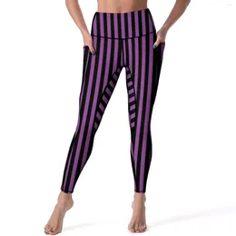 Active Pants Vertical Striped Halloween Leggings Purple Black Lines Fitness Running Yoga High Waist Elegant Sports Tights Legging