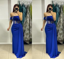Elegant Plus Size Royal Blue Evening Dresses Long for Women Strapless Satin Beaded Floor Length See Through Pageant Birthday Party Gowns Prom Dress Formal Wear