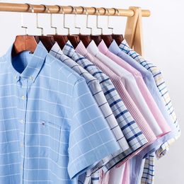 100 Cotton Breathable Men Oxford Short Sleeve Summer Plaid Shirts Striped Male Clothes Business Regular Fit Oversized 240219