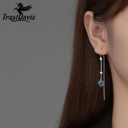 Earrings TrustDavis Real 925 Sterling Silver 2022 Sweet Blue Zircon Heart Earrings For Women Fashion Long Ear Line Party Jewellery DE0419