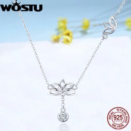 Necklaces WOSTU Hot Fashion 925 Sterling Silver Lotus Flower Original Pendent Necklaces For Women Luxury Wedding Silver Jewellery FNN012