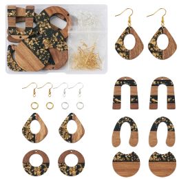 kits 1Box Resin Wood Earring Pendants Foil Teardrop Charms for Wooden Dangle Earrings Making with Hooks Jump Ring DIY Supplies Kit