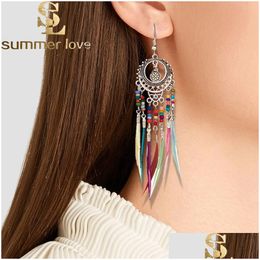 Dangle & Chandelier Golden Sier Vintage Ethnic Rainbow Colours Beads Feather Dangle Drop Earrings For Women Female Wedding Tassel Fash Dhblq