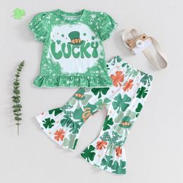 Clothing Sets Baby Girl Irish Day Outfits Letter Print Short Sleeve T-Shirt And Four-Leaf Clover Flare Pants Cute Clothes