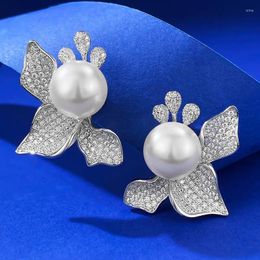 Stud Earrings S925 Silver Flower Bow Full Body 925 Inlaid Pearl 12mm European And American Women's Wholesale