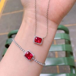 Sets Charms Women's Wedding Party Jewellery Sets Vintage 7*9mm Ruby Gemstone Lab Diamond Pendant Necklace Bracelet Fine Gift Statement