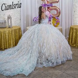 Feathers Sky Blue Quinceanera Dresses 2024 Sweetheart Lace Sequined Flowers Sweet 15 Ball Gown Party Princess