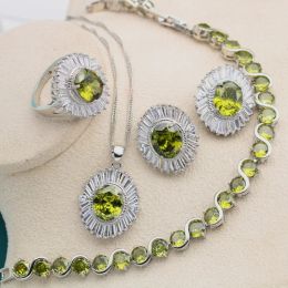 Sets Olive Peridot Zircon 925 Silver Jewellery Set for Women Bridal Bracelet Long Earring Necklace Pendant Ring Birthday Gift