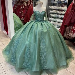 Sage Green Tull Shiny Ball Gown Quinceanera Dresses Off the Shoulder Sequined Appliques Lace Beading Corset Vestidos De 15 Anos