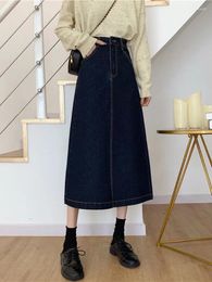 Skirts High Waist Slit Denim Women Spring Autumn Trendy All-matched Mid Length A-line Skirt Casual Simple Ladies