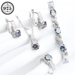 Orecchini in bracciale Set di collana set naturale Rainbow 925 Set di gioielli in argento sterling Orecchini da sposa zircone per le pietre da donna Anelli di collana Bracciale Set Gift Box