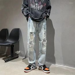 Men's Jeans Trousers Ripped With Slits Male Cowboy Pants Streetwear For Men Holes Straight Light Blue Broken Torn 2024 Korean Autumn