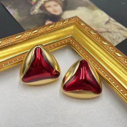 Stud Earrings Mid-Ancient Vintage Qingdao Ornament Gold-Plated Enamel Geometric Triangle Wine Red Frosty Style