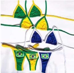 Women's Swimwear Sexy Embroidered Brazilian Flag Comparison Split Bikini Set Womens Swimwear Patch Work Swimwear Spicy Girl Set Summer Beach Suit J240221