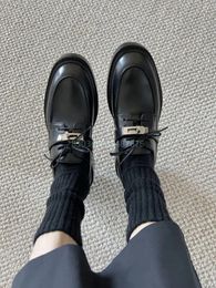 Dress Shoes Lock Solid BlacK Boots British Style Low Heel Lace-up Sewing Spring Women Round Toe Fashion Commuting Arrival 2024