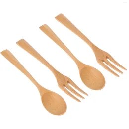 Forks 4 Pcs Flatware Wooden Fork And Spoon Cutlery Set Serving Utensil Dessert Kit Table Travel