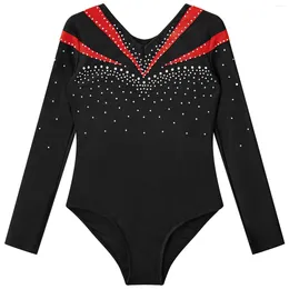 Stage Wear Teens Gymnastics Jumpsuit For Girls Kids Long Sleeve Shiny Rhinestone Figure Ice Skating Bodysuit Children Ballet Dance Leotard