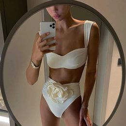 Women's Swimwear Two piece womens floral lace up 2023 push up pad bra white bikini suit swimsuit beach suit Biquini J240221