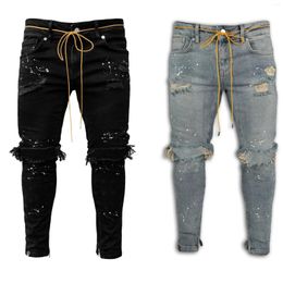 Men's Jeans Men Pencil Pants Sheath Denim Holes Mid Waist Ankle Length Washing Slim Fit Casual Zipper Slight Strech Print