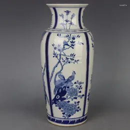 Bottles Chinese Qing Kangxi Blue And White Porcelain Flowers Birds Pattern Vase 15.43"