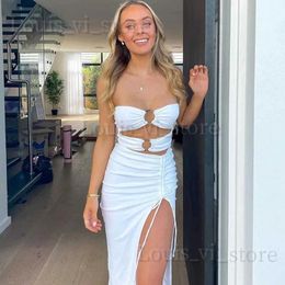 Basic Casual Dresses Two Piece Dress Womens Midi Dress 2024 Summer Strapless Sexy Slim Bodycon Dress Sleeveless Hollow Out Pleated High Split Female White Dresses T2