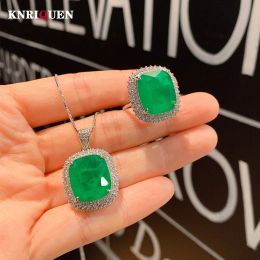 Sets Vintage 14*16mm Emerald Gemstone Pendant Necklace Women's Rings High Carbon Diamond Wedding Party Fine Jewellery Set Birthday Gift