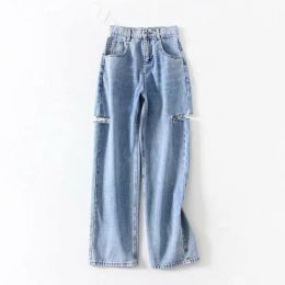 Jeans Lugentolo Jeans Woman Spring and Autumn New Fashion Washed Holes Button Fly Pockets Straight Large Size Women Pants