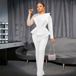Ethnic Clothing Fashion African Women Jumpsuit Mesh White Beaded Long Sleeve Tunics Straight Wide Leg Outfit Romper Party Night Birthday