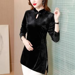 Women's Blouses Black Sexy Slim Bodycon Irregular Blouse For Women Autumn Retro Stand Collar Long Sleeve Chinese Style Improved Cheongsam