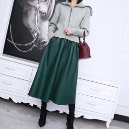 Skirts 2024 Women Elastic Waist Genuine Sheep Leather Skirt Long Casual Real E2
