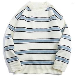 Men's Sweaters Striped Harajuku Oversized Sweater 2024 Autumn Japanese Style Round Neck Spliced Colour Loose Couples Hip Hop Knitted