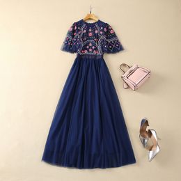 2024 Summer Blue Floral Embroidery Tulle Dress Short Sleeve Round Neck Panelled Long Maxi Casual Dresses S4F210221