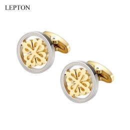 Links Lepton Silver & 18K Gold Colour Crusaders Cuff Links Stainless Steel Round Cufflinks for Men Wedding Business Cufflink Gemelos