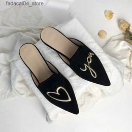 Slippers Women Fashion 3d Embroidery Mules Fur Slippers Velvet Shoes Ladies Low Heel Love Decoration Sandals Womens Flip Flops 41 Size Q240221