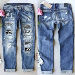 Women's Jeans Vintage Ripped Women Streetwear Baggy Skeleton Straight Leg Pants Clothing Casual Blue Trouser