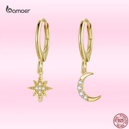 Earrings Bamoer 2021 Summer Golden Noble Star&Moon Earrings 925 Sterling Silver GoldPlated Earrings for Women Fashion Party Jewellery