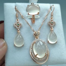 Sets White Suits Natural S925 Chalcedony Silver Plated Stone Set Lady Agate Ring Water Drop Earrings HANFU Jewellery Gemstone Pendant