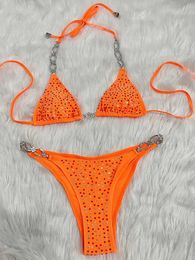 Women's Swimwear Shiny sequin rhinestone bikini womens swimsuit womens swimsuit two-piece bikini set metal chain hanger bathroom swimsuit J240221