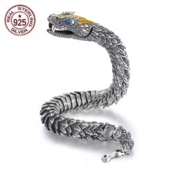 Bangles Real Solid S925 Silver Viking Gothic Black Gun Dragon Men Bracelet Rock Style Golden Horn Domineering Women Party Jewelry