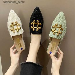 Slippers Miaoguan New Winter Clear Ladies Slippers Faux Fur Mules Slides Women Shoes Bow Knot Pointed Toe Square Mid Heels Shoe Woman 39 Q240221