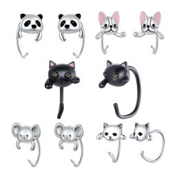 Earrings WOSTU Real 925 Sterling Silver Black Gold Cat Mini Koala Dog Panda Stud Earrings For Women Birthday Anniversary Jewelry Gift New