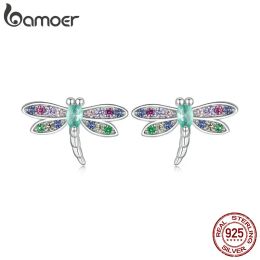 Charm BISAER 925 Sterling Silver Dragonfly Stud Earrings Insect Earrings Plated Platinum for Women Colourful Zircon Fine Jewellery BSE795