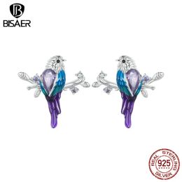 Earrings BISAER 925 Sterling Silver Bird Stud Earrings Enamel Animal Purple Zircon Ear Clip Plated Platinum For Luxury Woman Fine Jewellery