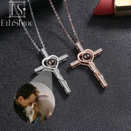 Necklaces EthShine 925 Silver Customised Cross Projection Necklace Christmas Day Gift Creative Photo Projection Gift for Friends Family