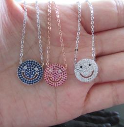 Necklaces Happy face micro paved cz smile pendant necklace 925 sterling silver chain red blue white high quaity jewelry for girl