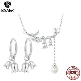 Sets BISAER 925 Sterling Silver Lily of the Valley Jewelry Set Earrings Necklace Plated Platinum For Women Party Fine Jewelry