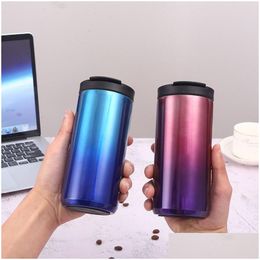 Mugs 2021 Creative Gradient Color Coffee Mug 304 Stainless Steel Vacuum Flask Cup Double-Layer Water Tumbler Drop Delivery Home Gard Dhfs4