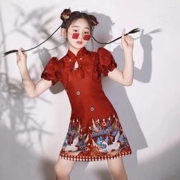 Ethnic Clothing Red Qipao Girl Autumn Children Cheongsam Style Western Walk Show Dress Princess Baby Chinese Year Clothes Traditional